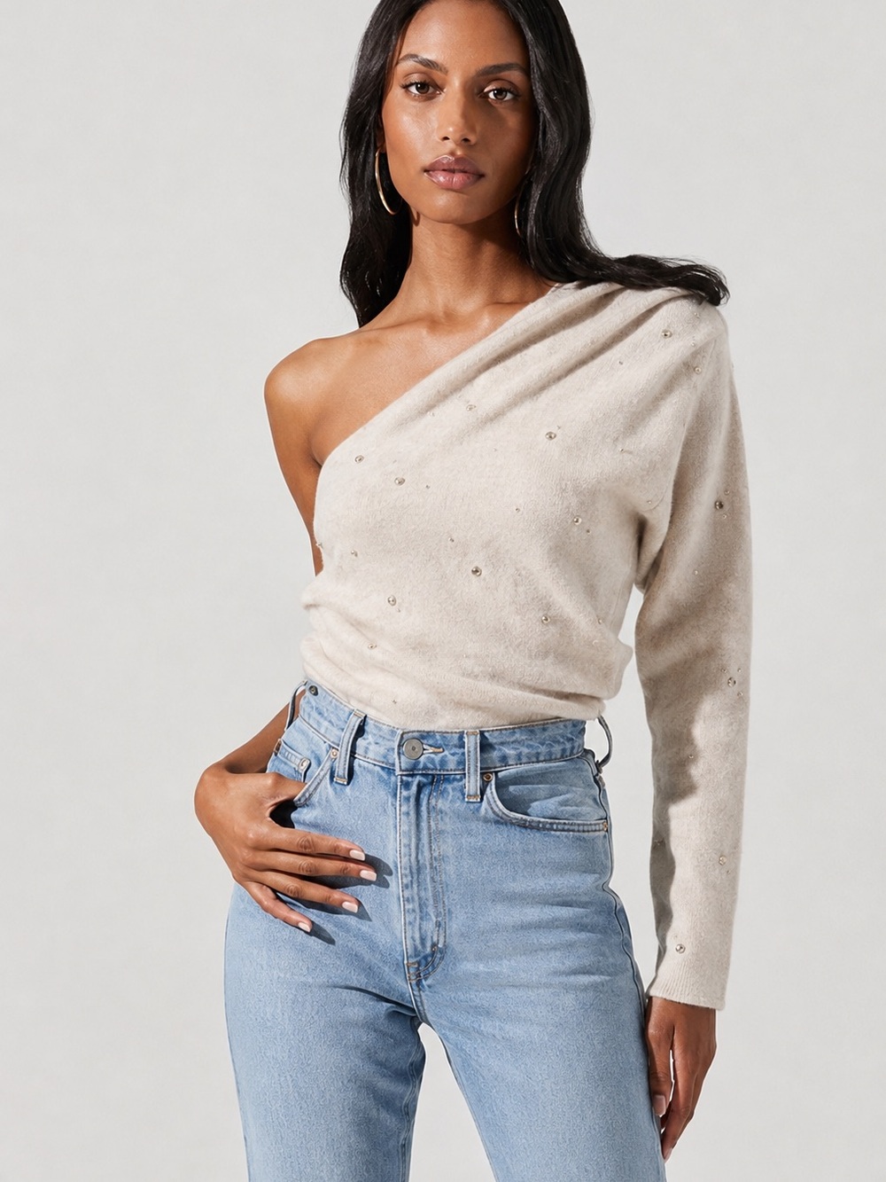 Astr Cream One-Shoulder Rhinestone Embellished Sweater